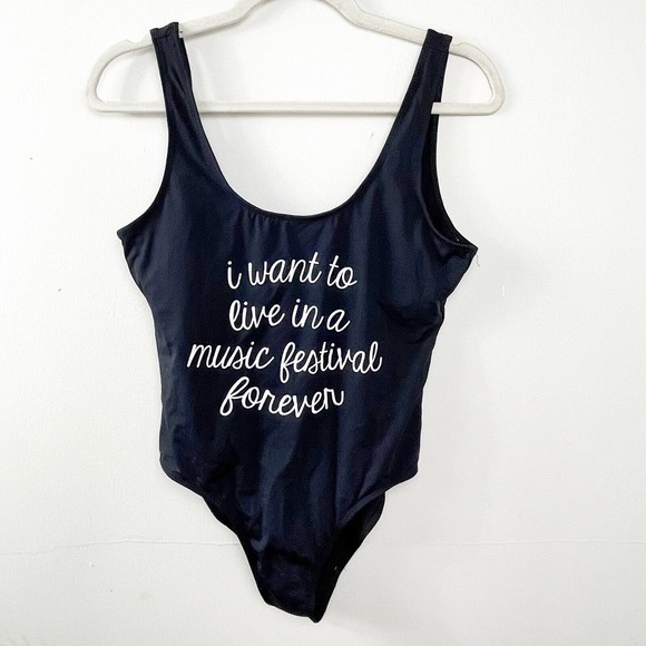 Rue Bleu Black one piece bathing suit Medium “I want to live in a music festiv - Picture 1 of 3